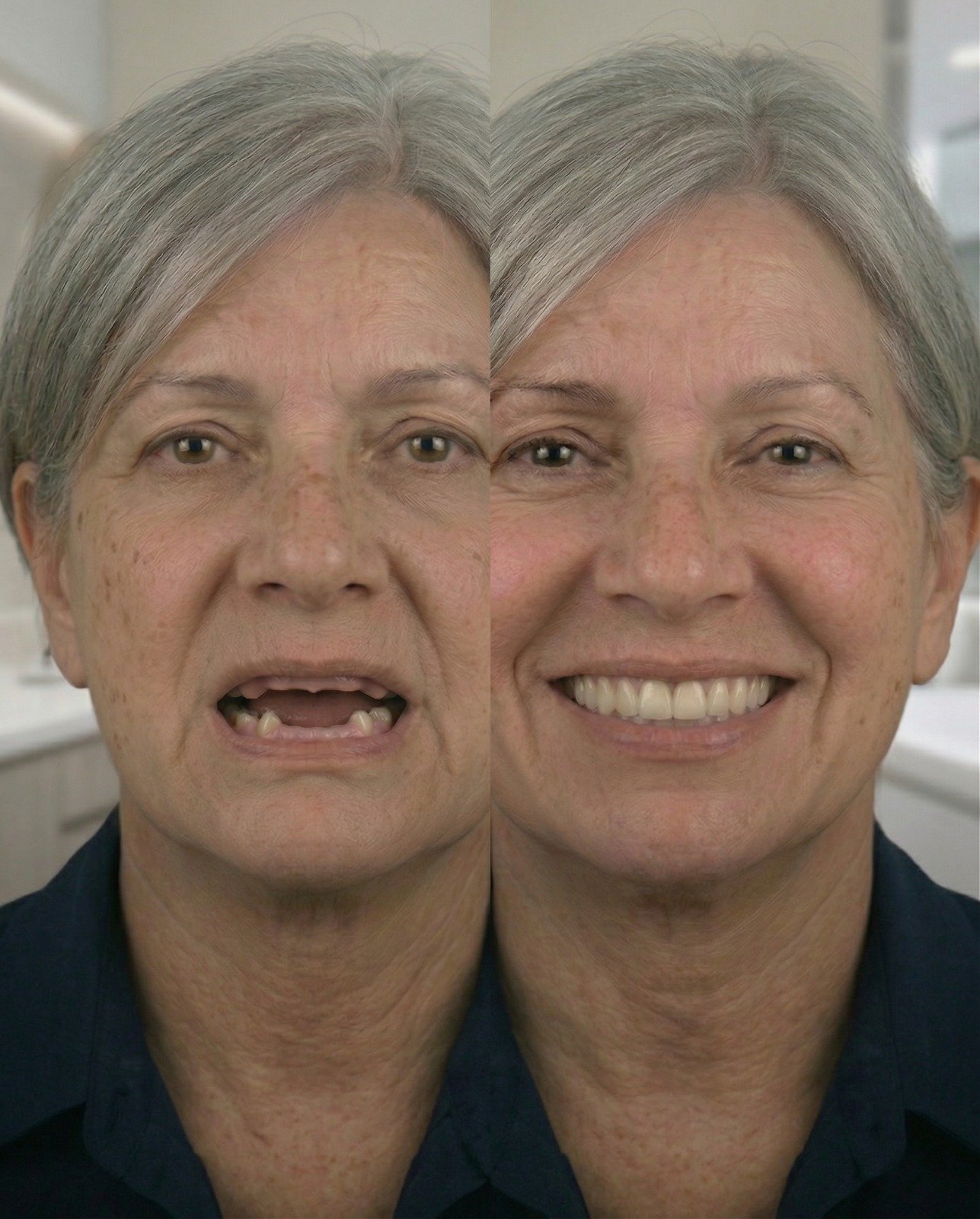 Before and after All-on-4 dental implants - female patient face transformation